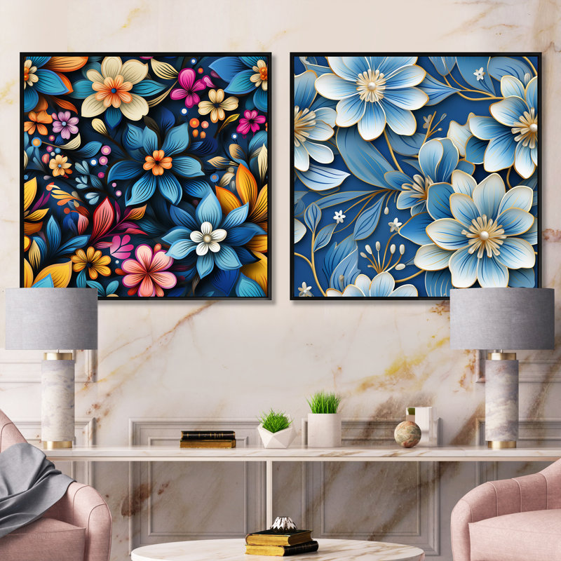 Hashimoto - Ensemble de 2 collages carrés botaniques abstraits, Cadre flottant noir, H 30 po x l 61 po