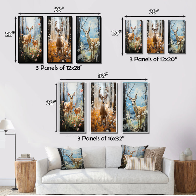 «Deer Graceful Fawn Pastoral», 3 pièces, Cadre noir, H 20 po x l 36 po