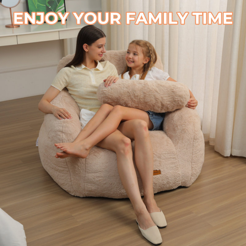 Oversize Compression Bean Bag Chairs For Adults With Pillow and Pocket,Apricot, Ivory Faux Fur