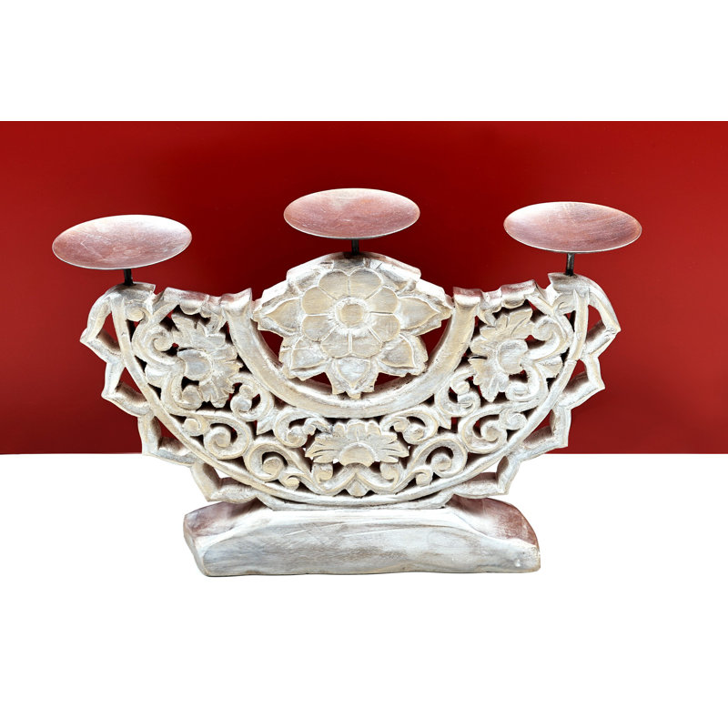 17" Hand-Carved Wooden Candle Holder – Tall Distressed Pillar Candlestick with Antique Floral Motif