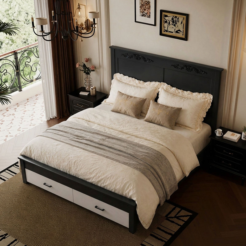 Lit Queen Size de style ferme américaine avec tête de lit sculptée et rangement, noir et blanc
