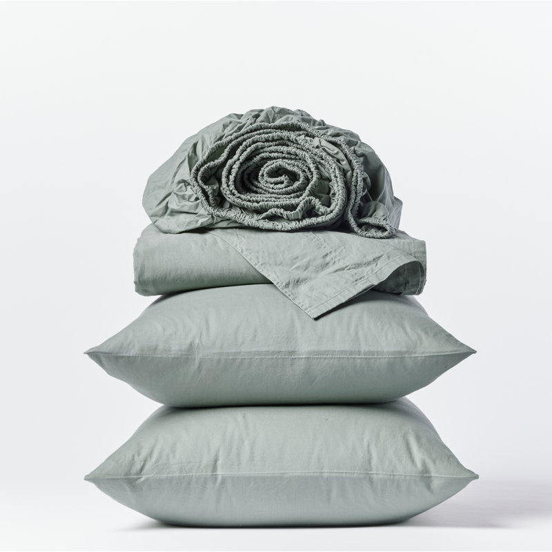 Organic Crinkled Percale Sheet Set, Twin Sheet Set with 1 Pillowcase, Sage