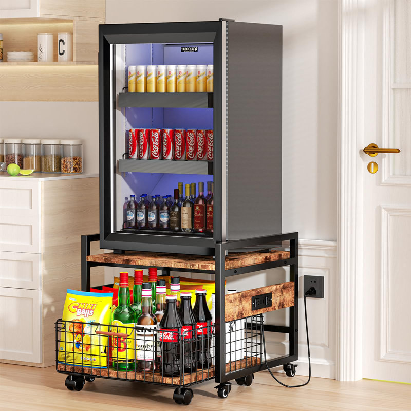 Mini Fridge Stand With Large Storage Wheels Socket Mini Fridge Table Mini Fridge Cabinet With 220 LBS Capacity With Charging Station