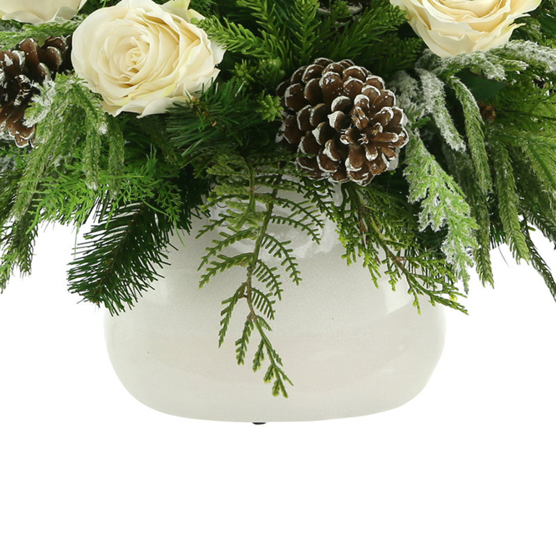 Rose, Evergreen And Cedar Holiday Arrangement