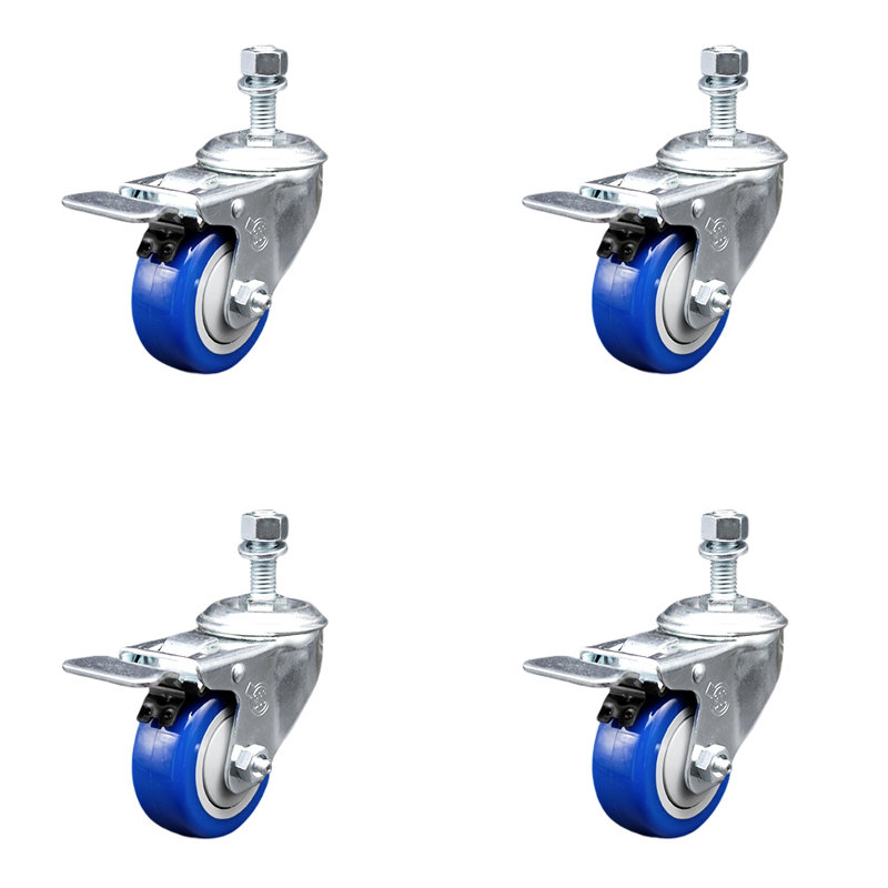 Polyurethane Swivel 12mm Stem Caster Set Total Lock Brake SCC