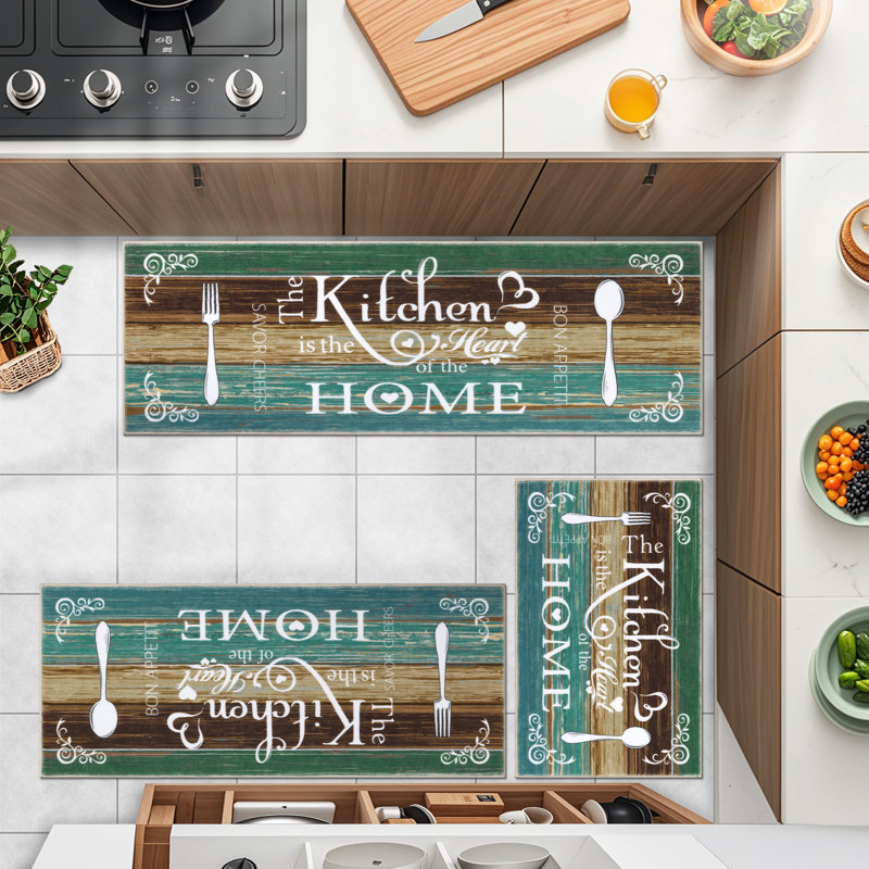 Machine Washable Non-Slip Kitchen Mat, Green/Brown/White
