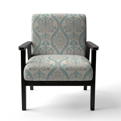 Blue And Cream Damask - Velvet Upholstered Patterned Accent Arm Chair