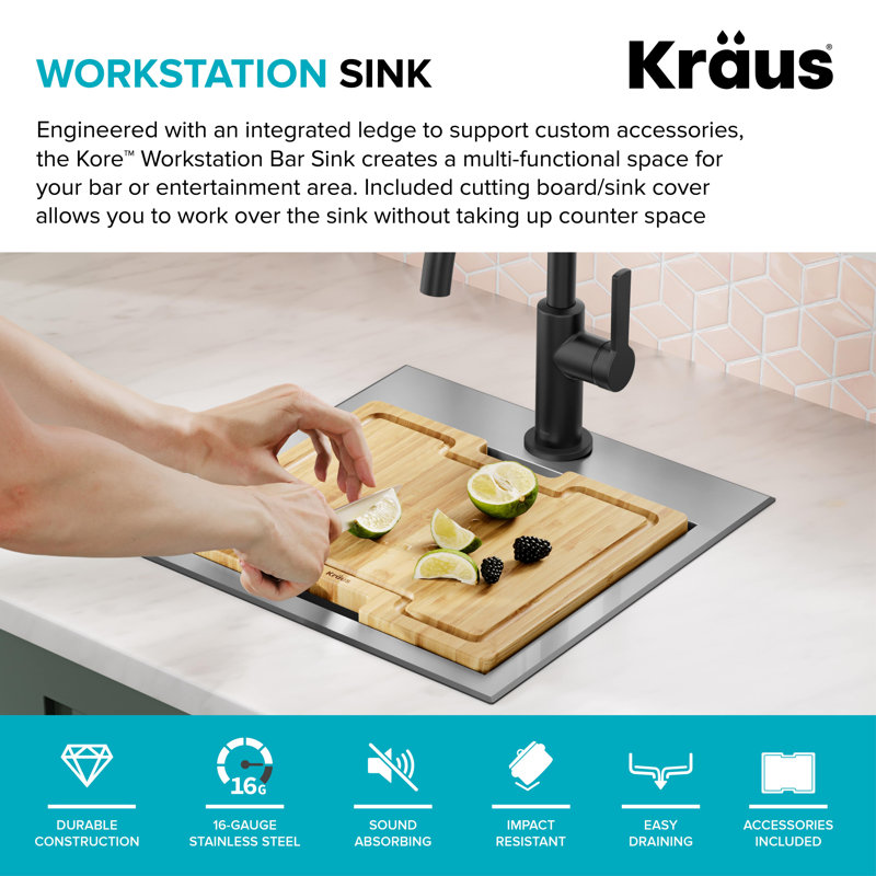Kore 15" Stainless Steel Single Basin Bar Sink with Bamboo Cutting Board