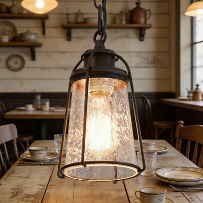 Farmhouse Pendant Light With Seeded Glass Shade, Rustic Mini Hanging Lantern Fixture For Kitchen Island, Entryway, Foyer, And Bedroom
