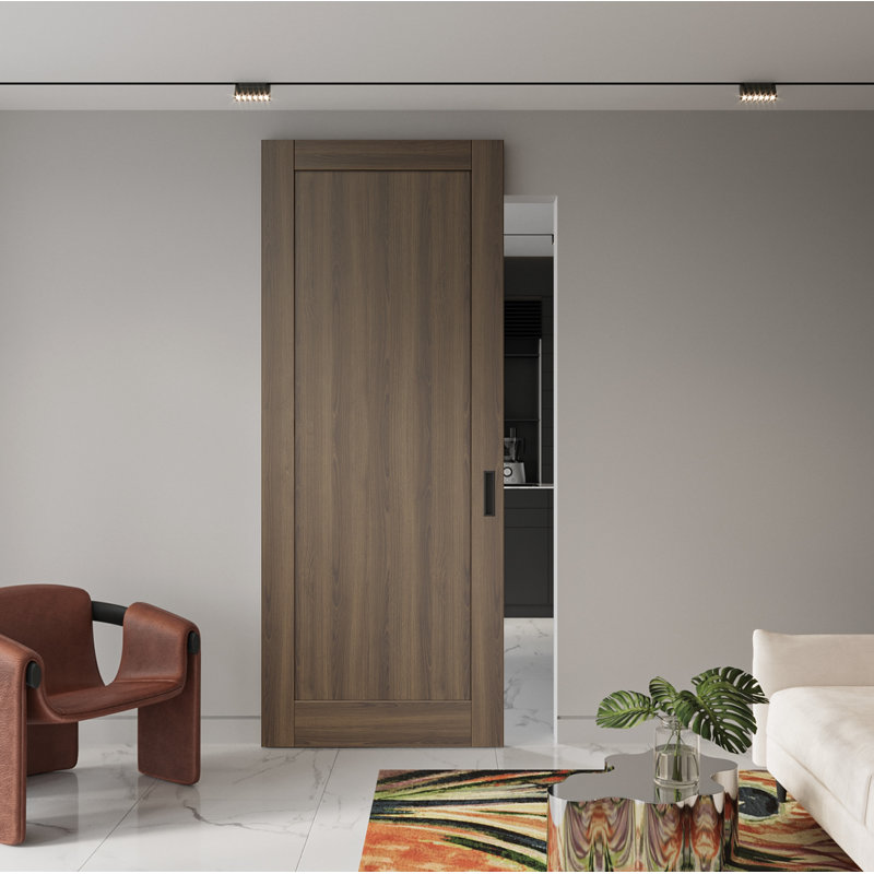 Porte de grange coulissante avec panneau de base en bois massif avec panneau de base Shaker, 27,75 po x 95,24 po, Pacane