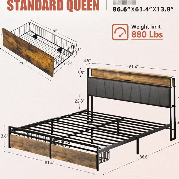 Ebern Designs Modern Queen Bed With Storage And Led Features, Ports ...