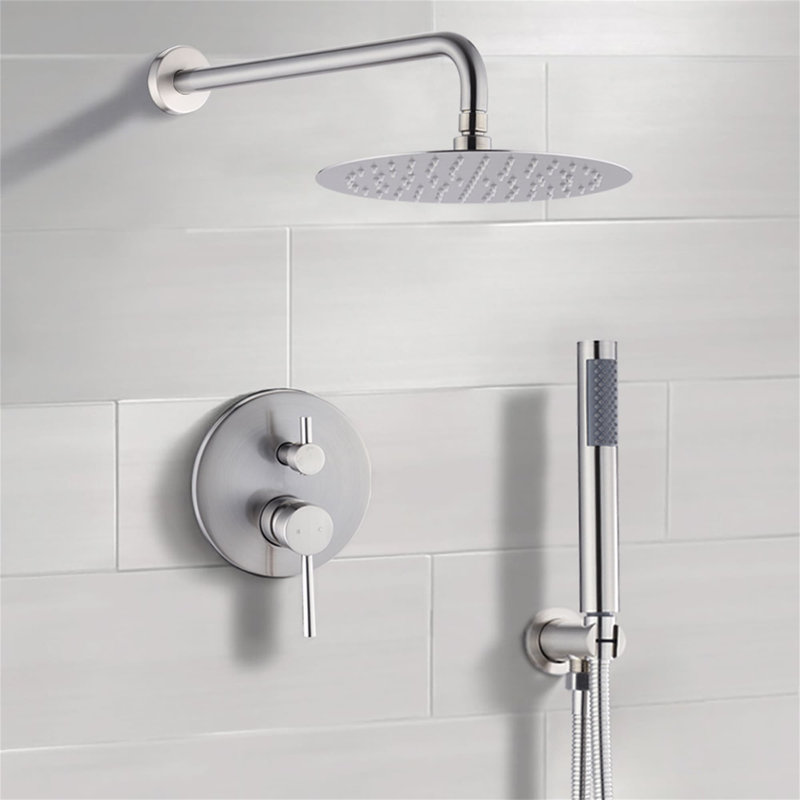 Système de douche mural 10 po avec douchette à main à deux poignées, ensemble de garniture de douche en laiton avec valve brute