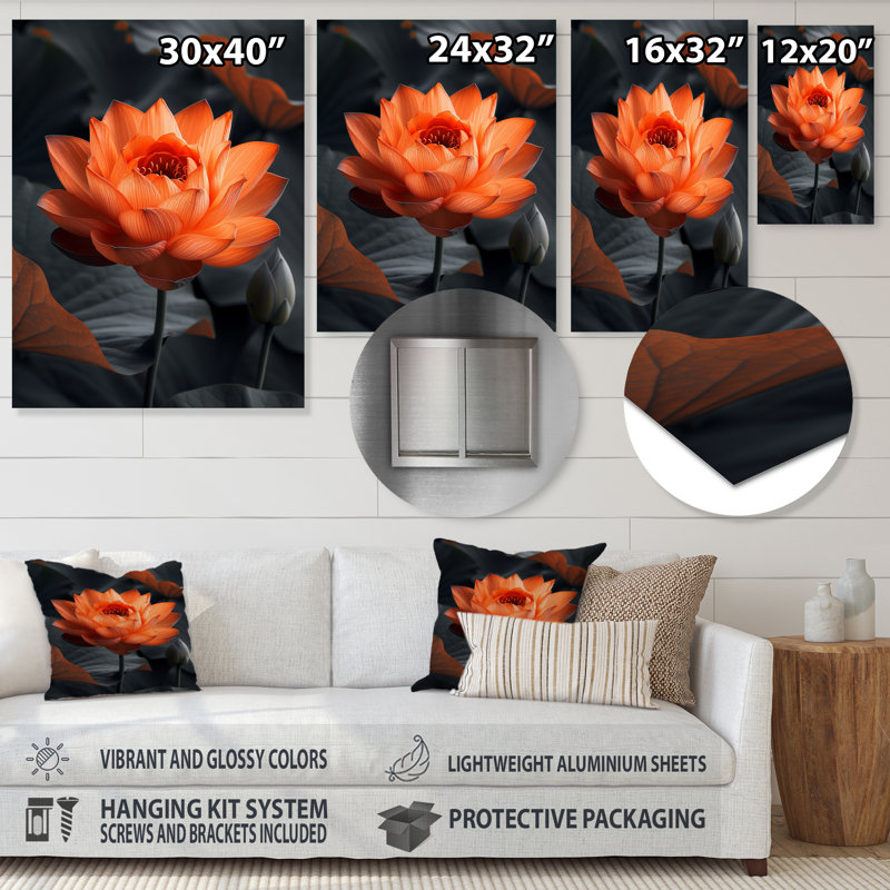 Décoration murale orange et gris rétro Lotus Photo III - Lotus, Sans cadre, métal, H 34 po x l 44 po