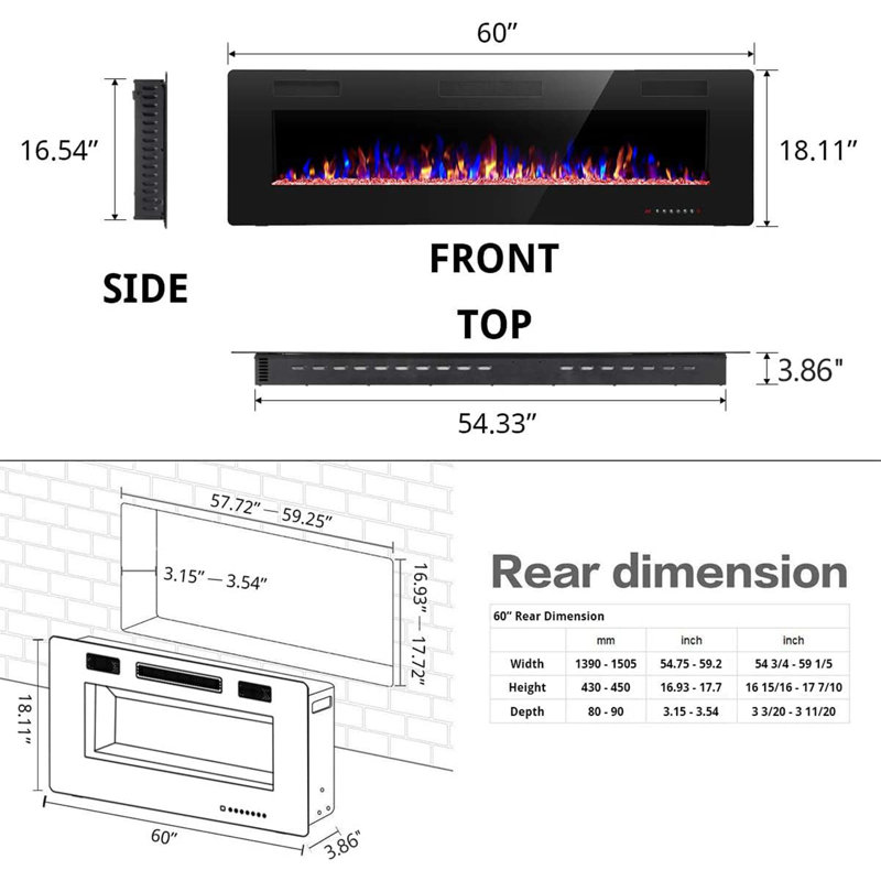 Recessed and Wall Mounted The Thinnest Fireplace, 18.10" H x 60" W x 3.80" D