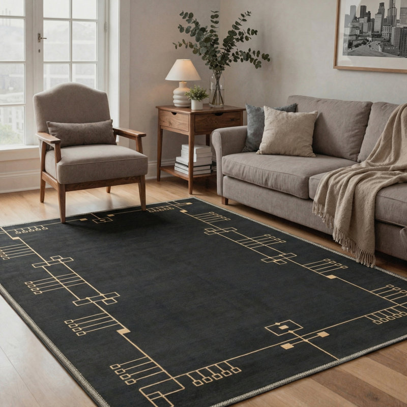 Art Deco Geometric Border Machine Washable Black Indoor Area Rug with Non-Slip Backing, Rectangle 6' x 9'