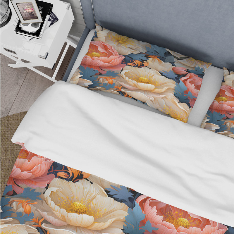 Ensemble de housse de couette beige et rose à motif floral Grace, Housse de couette simple + 1 taie décorative stan
