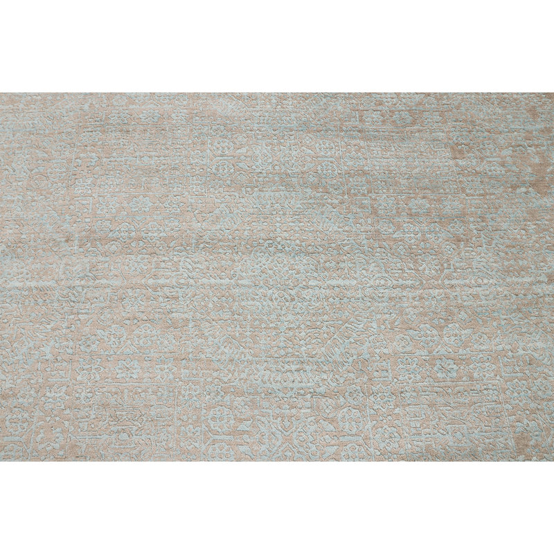 Tapis beige et bleu noué à la main de haute qualité, Rectangle 6 pi x 9 pi