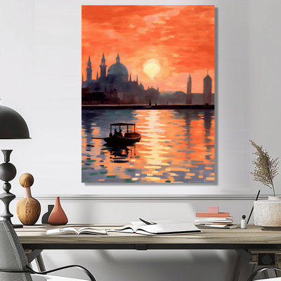 Bateau sur le Grand Canal, orange vif, coucher de soleil - impression d'art mural Venise