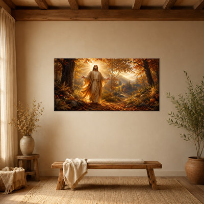 «Jesus in Autumn Forest», art mural sur toile, espoir et calme spirituel, conception prête à accrocher, foyer ou foyer d'entrée 28 x 58 po