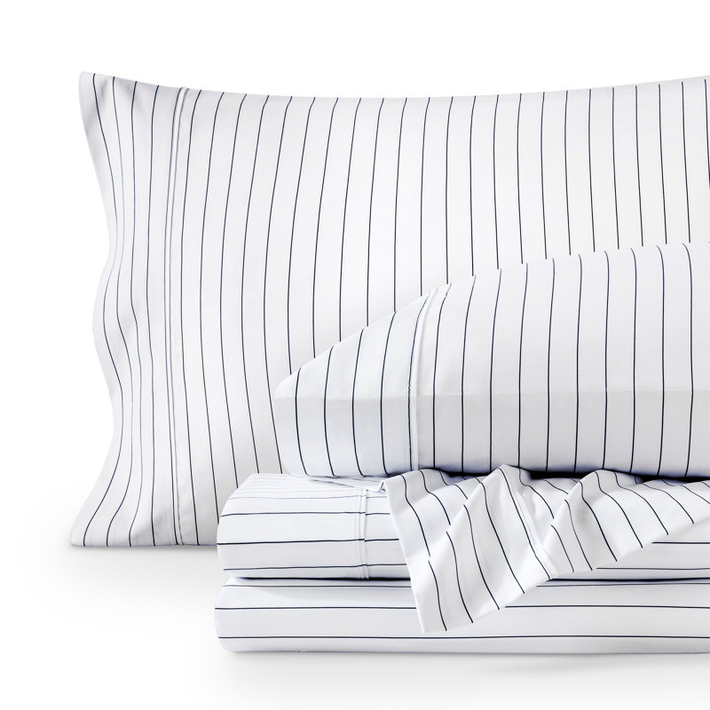Sheet Set - Ultra-Soft Microfiber Bed Sheets - Double Brushed - Deep Pockets - Easy Fit, Pinstripe - White/Midnight