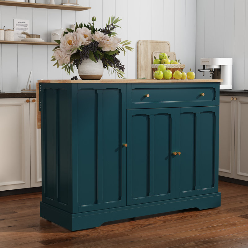 47.2'' Folding Kitchen Island with Storage, Vintage-Inspired Multifunctional Kitchen Cart with Solid Wood Tabletop, Green