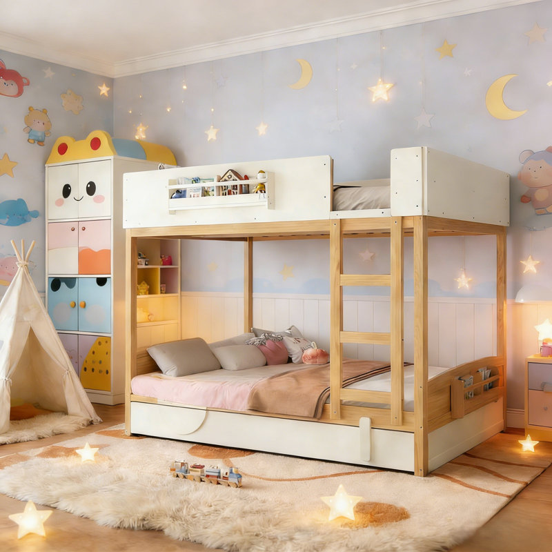 Car-shaped Queen Over Queen Bunk Bed With Trundle，wood Bunk Bed With Built-in Bookshelf And High Safety Guardrail, Stable Non-squeaking Bunk Bed Frame For Kids, Teens And Adults, Natural＆beige