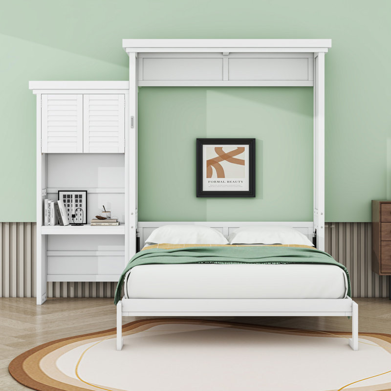 Grand lit escamotable avec persiennes et plusieurs tablettes de rangement, Blanc