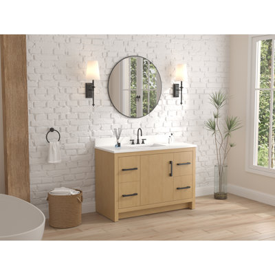 Meuble-lavabo autoportant moderne Sandi de 48 pouces, en chêne clair, de marque Tennant, avec un seul lavabo et un comptoir en quartz blanc. Entièrement assemblé.