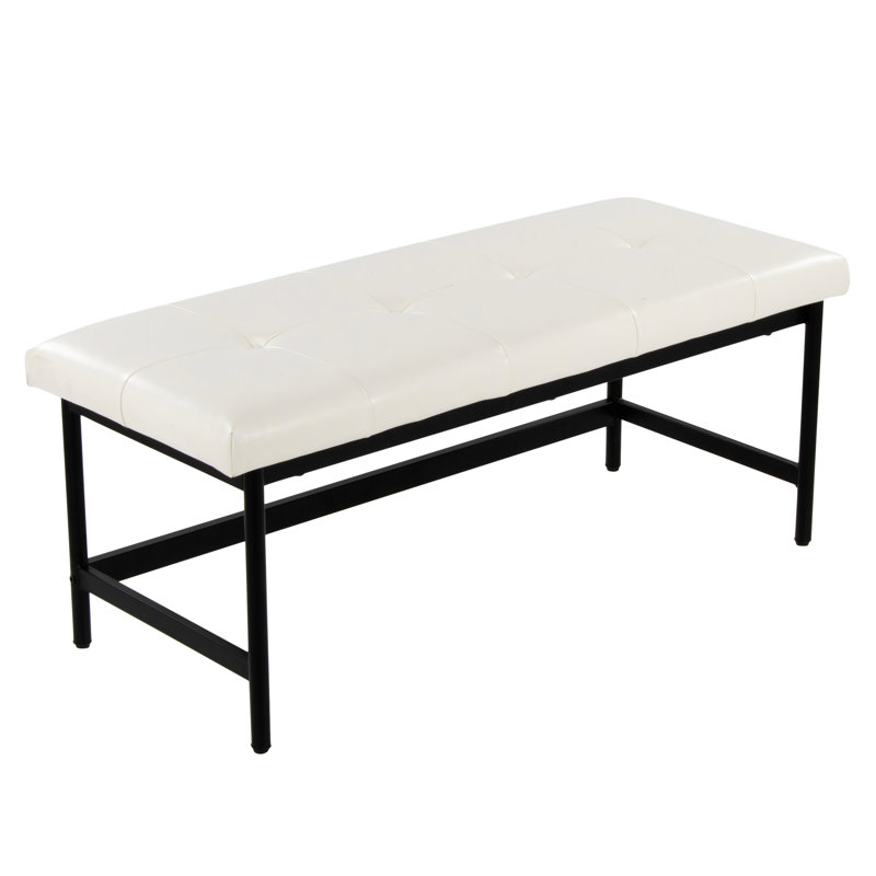 White Faux Leather Upholstered Black Metal Bench, Contemporary Look, Thick Padded Seat For Comfort, Seats Two Comfortably, Indoor Only, 500 Lbs Weight Limit, Assembly Needed, 18.38 In Product Depth,