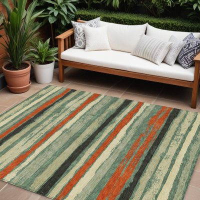 8' X 10' Sage Striped Washable Indoor Outdoor Area Rug