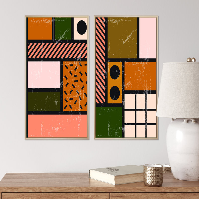 Minimal Abstract Shapes in Retro Colors IV - ensemble de 2 impressions, H 20 po x l 24 po x P 1 po, Toile avec cadre brun