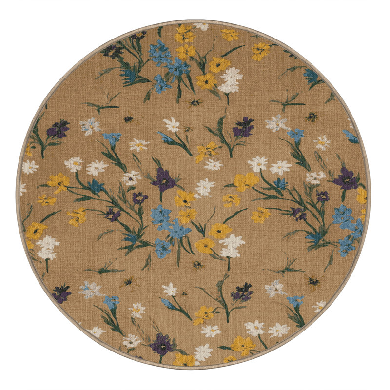 Washable Meadow Flowers Farm Area Rug, Round 4'