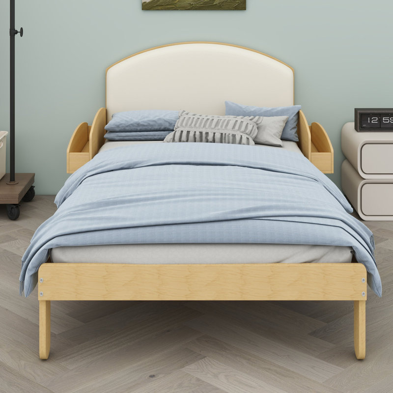 Base de lit plateforme avec tête de lit courbée et rembourrée, pieds arqués et rangement latéral pour les chambres à coucher modernes