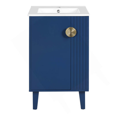20-Inch Bathroom Vanity With Ceramic Sink, Freestanding Single Vanity Set With Soft Closing Door, Chic Half-Moon Pulls, French Style, Blue