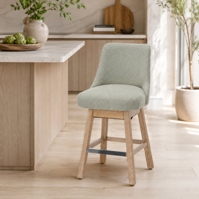 360° Swivel Bar Stools Set of 2, 26" Counter Height Bar Stools with Backs, Modern Mid-Century Boucle Fabric Upholstered Stools with Solid Wood Legs for Kitchen Island, Green