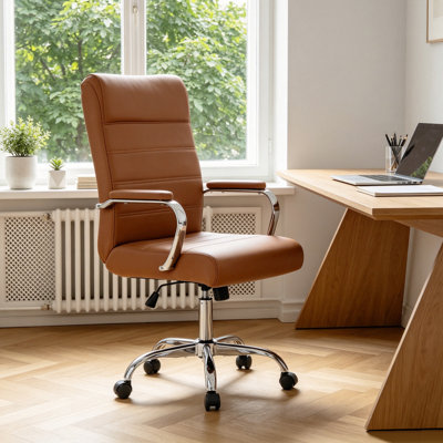 High-Back Ribbed Leather Upholstered Adjustable Swivel Rolling Ergonomic Office Desk Chair
