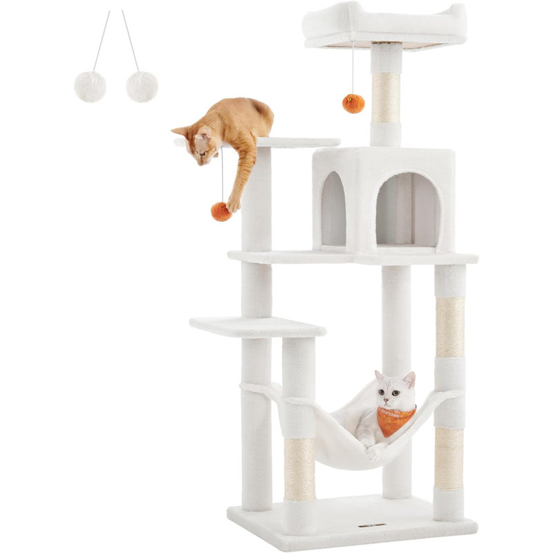 56.3-Inch Multi-Level Cat Tree, 57" H x 18" W x 22" D, Cream White