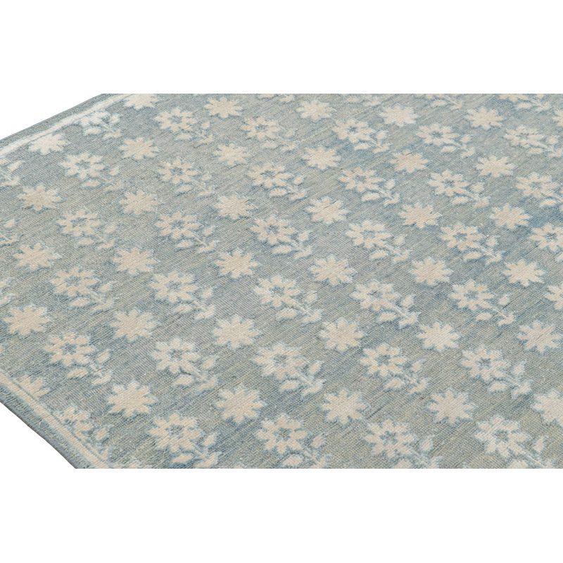 Rug & Kilim’S Modern Block Print Rug In Blue With White Floral Patterns, Rectangle 10' x 14'