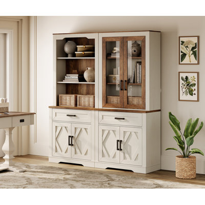Laziza 5 Tier Bookcase With Barn Door,73.3" Tall Open Storage Bookshelf,Floor Standing Farmhouse Display Organizer With Drawer For Home Office,Living Room