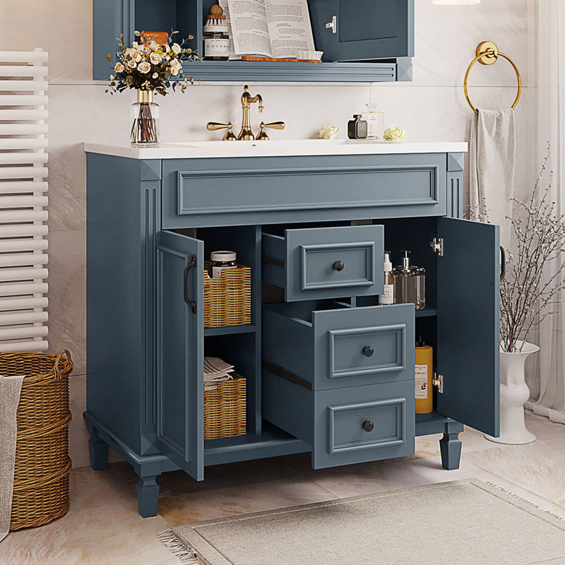 Meuble-lavabo de salle de bain avec lavabo supérieur, armoire de rangement moderne avec 2 portes à fermeture douce et 2 tiroirs