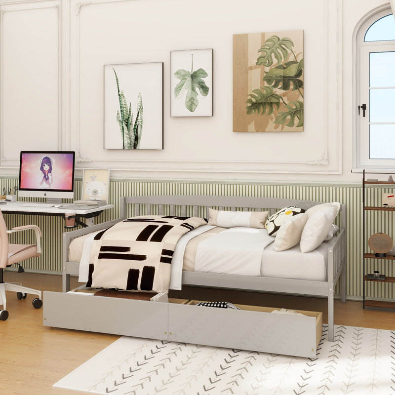 Twin-Size Pine Wood Daybed With Two Storage Drawers, Sofa Bed With Bed Platform Of 10 Support Slats,, Gray