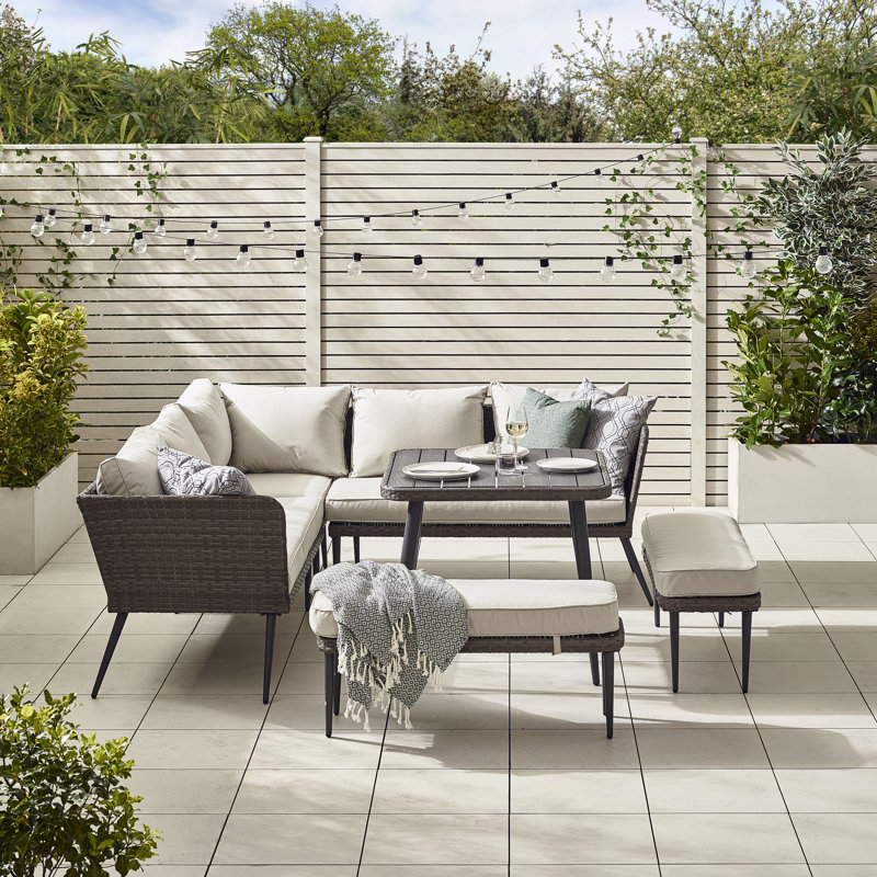 Shelles Garden 9 Seater Corner Sofa With Dining Table & Benches - Rattan Design (Cover Included), Grey