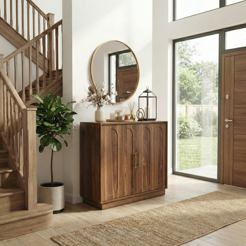 31.5" Modern Farmhouse Storage Cabinet, Rustic Brown 2 Door Sideboard Buffet With Gold Handles, Fluted Wood Accent Credenza For Entryway, Living Room, Coffee Bar
