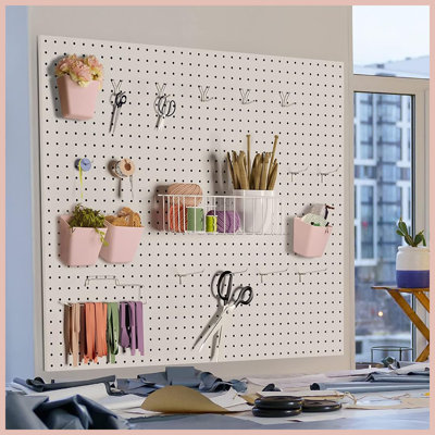 21‑Piece White & Pink Pegboard Accessories Set, Mixed Baskets Cups Hooks for Garage Craft Hobby Storage