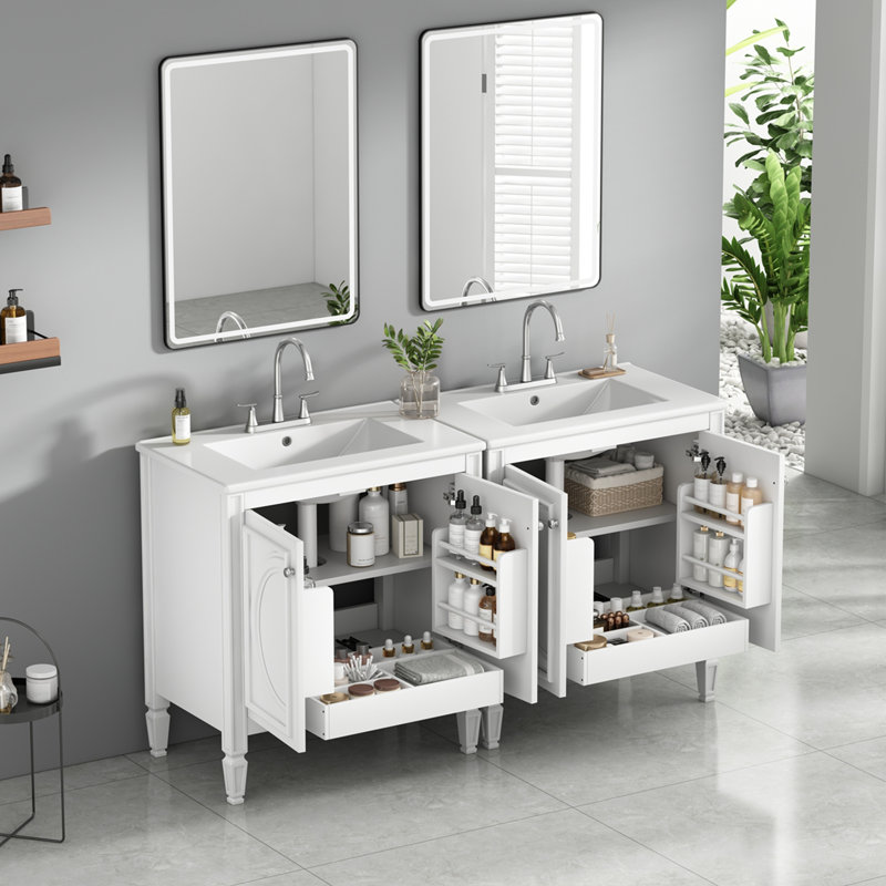Ensemble de meuble-lavabo 60 po avec lavabo double 60 po, lavabo en céramique, portes à fermeture en douceur avec tablette, tiroir de rangement