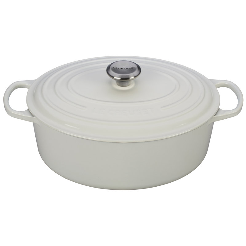 White Enameled Cast Iron Oval Dutch Oven with Lid