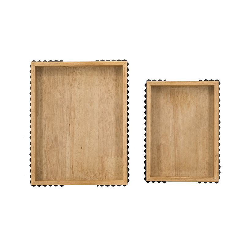 S/2 Brown Wooden Rectangle Trays With Black Resin Accents And Cut-Out Handles L:14X11X2" S:11.5X8.5X2"