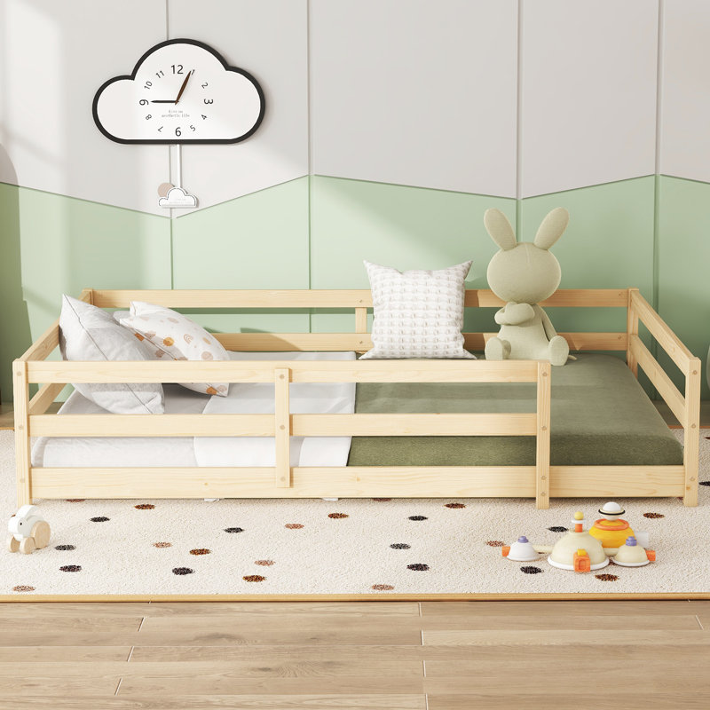 Natural Oak Full Size Floor Bed For , Pine Frame, Fence Design, Easy To Put Together, Multi - Use Material, Oak, Stable Structure, Setup And Comfortable