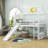 Twin Size Wooden House Loft Bed with Slide-2044970394