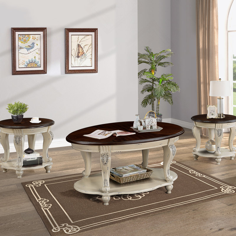 Table basse ovale en bois 42 pouces, Brun foncé, Blanc antique